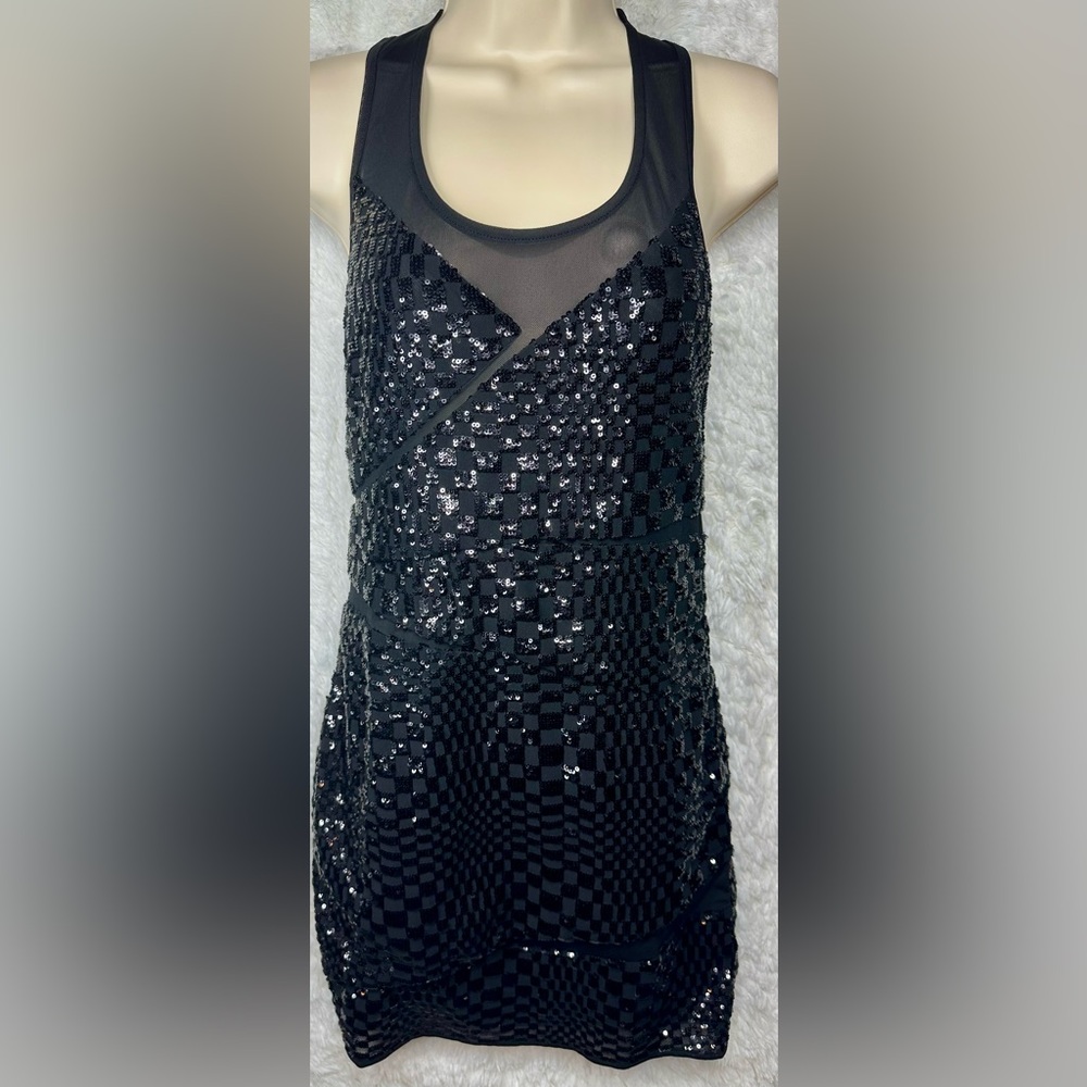 Bebe Mini Bodycon Black Sequin Sleeveless Dress Sz M